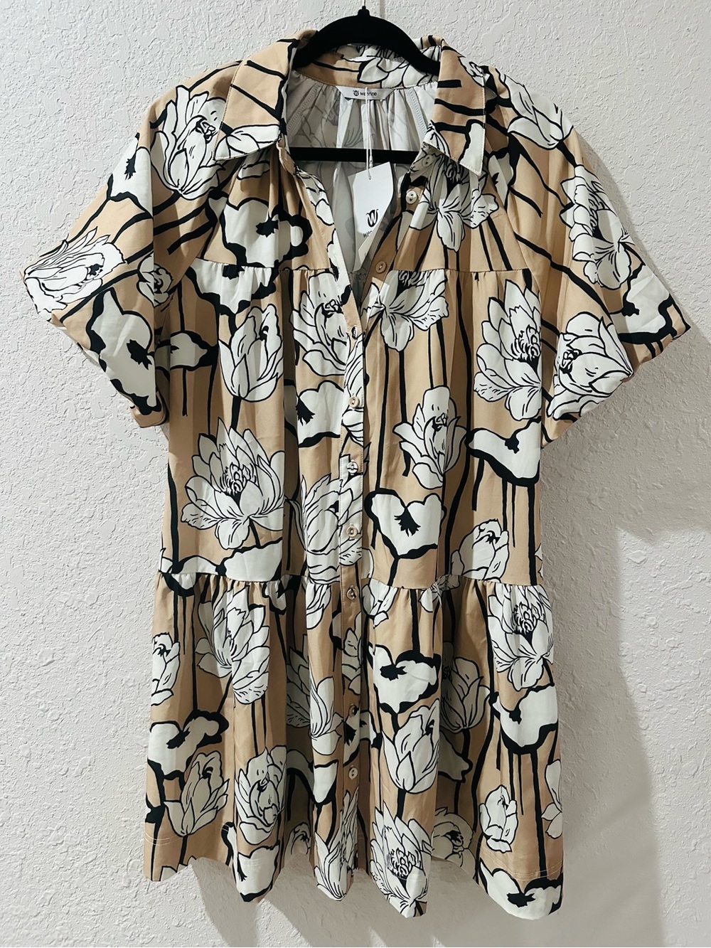 Women's Floral Button-Front Tunic Dress - Beige/White Size Medium